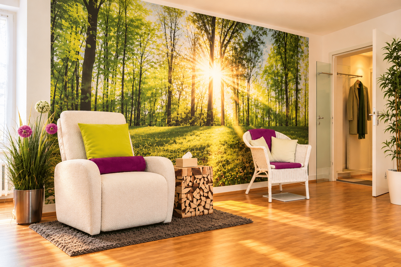 Heller Behandlungsraum der Sanapraxis GmbH in Visp mit sonniger Waldwand und gemütlichem Therapiesessel