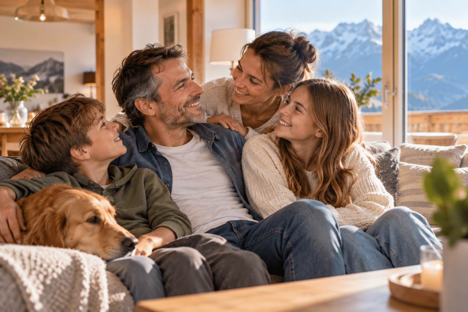 Glückliche Familie geniesst das rauchfreie Zuhause und freut sich über den erfolgreichen Rauchstopp des Vaters